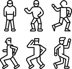 Simple Line Art Illustrations: Six Diverse Male Figures in Motion, Casual Style, Active Mood.