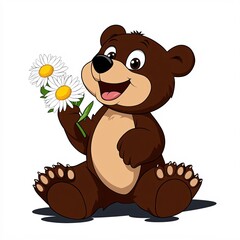 Obraz premium Cute Cartoon Baby Bear Picking Flowers in Daisies Field