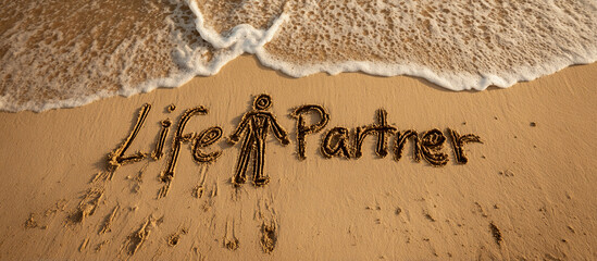 Life Partner Handwritten in Wet Beach Sand with Minimalist One-Line Couple Holding Hands Beside Words and Gentle Ocean Wave for Romantic and Loving Theme in Wide Format