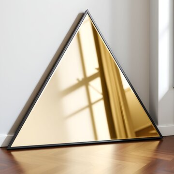 Modern triangular gold-toned mirror on a hardwood floor.