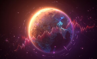 Obraz premium Earth globe surrounded by vibrant, glowing stock charts in space