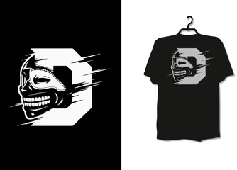 D-Skull Typography Design – Stylized Letter D with Grinning Skull and Motion Lines on Black T-Shirt for Edgy Streetwear and Gothic Merchandise