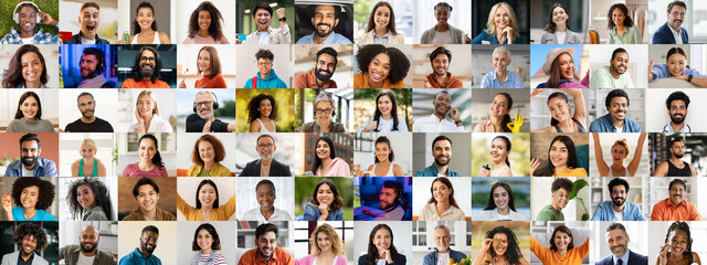 A vibrant collection of portraits features a diverse group of people expressing happiness.