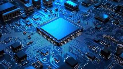 Blue Illuminated Circuit Board with Central Processor