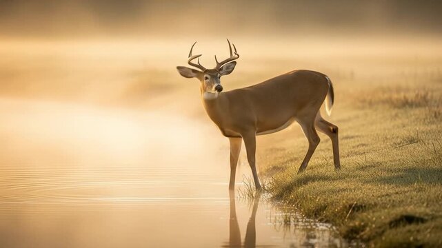 Deer Drinking Water in Golden Morning Light with Reflections