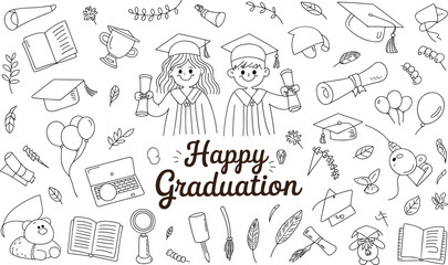 Happy graduation doodle illustration featuring smiling student characters, diplomas, lifestyle elements, balloons, and success symbols for education celebration