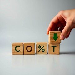 Wooden blocks spelling COST with a hand placing a block showing a downward arrow and percentage symbol, symbolizing cost reduction or savings.