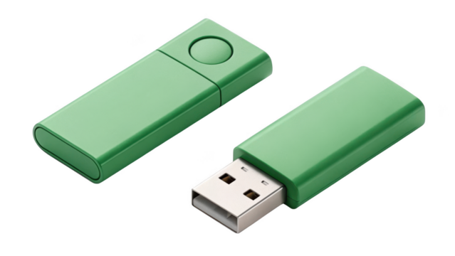 different style Green USB Flash Drive on transparent