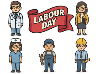 Labour Day Vector Illustration with Diverse Professions – Doctor, Nurse, Engineer, Mechanic, and Teacher Cartoon Icons Vector
