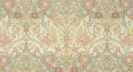 Floral tapestry with a symmetrical design featuring pink roses, lilies, and green leaves, concept for vintage scrapbooking, antique wallpaper, and ornate fabric prints
