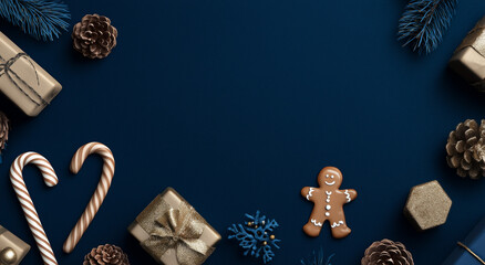 Dark Blue & Gold Christmas Flat Lay: Minimalist Gingerbread, Candy Cane, Pine Cones on Navy Background, Cinematic Hyper-Realistic

