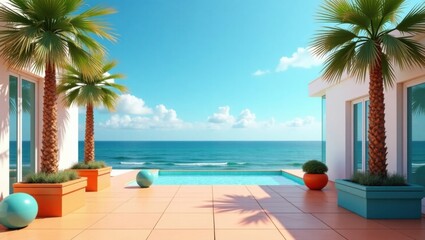 Fototapeta premium Modern Tropical Villa With Infinity Pool Overlooking The Ocean Under A Clear Blue Sky
