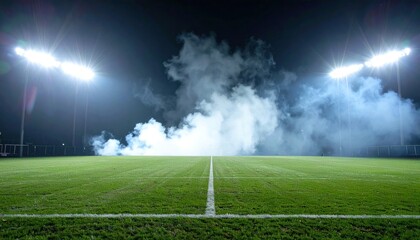 Empty football field at night, lit by stadium lights