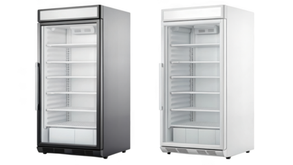 different style Collage of empty cosmetic refrigerator on transparent