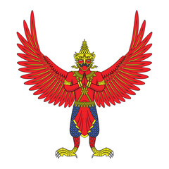 Line art illustration vector concept of red Garuda mythical or legendary creature with half human and bird- Vishnu god carrier in Hindu standing in pay respect action