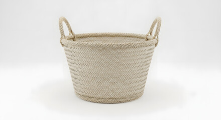 Fototapeta premium Beige woven storage basket with two handles, isolated on white background.