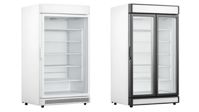 different style Collage of empty cosmetic refrigerator on transparent