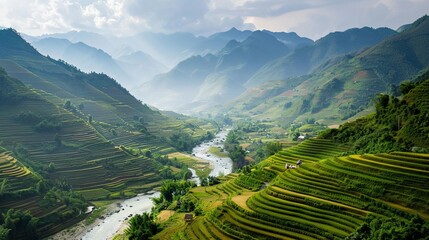 From a bird's eye view, winding rivers flow through lush green hills, mountains, and terraced fields.