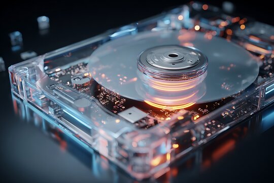 Close up of a transparent hard drive with illuminated internal components and spinning platters showcasing advanced technology and data storage - Powered by Adobe