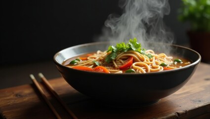 A steaming hot bowl of savory noodle soup with fresh vegetables and herbs presented with chopsticks