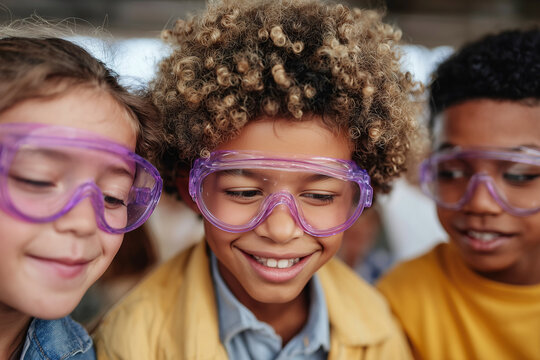 Three children wearing purple safety glasses are smiling at the camera