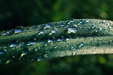 Close-up of water droplets on a green leaf, reflecting light beautifully with a blurred background.