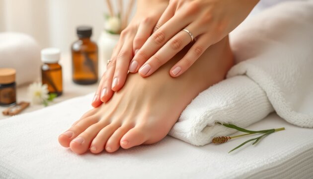 Relaxing foot care session with essential oils and a soft towel on a table