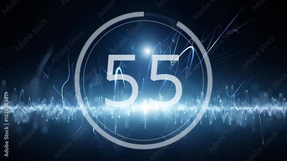 Poster 60 seconds time countdown clock on futuristic wave lines background.