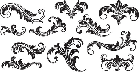 Assortment of ten black ornamental floral scrollwork and flourish designs on a white background vector