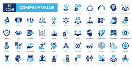 Company Value Fill Icon Set. Integrity, Accountability, Teamwork, Respect, Innovation, Customer Centricity, Sustainability