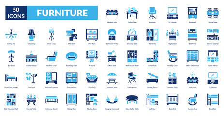 Furniture Fill Icon Set. Modern Sofa, Coffee Table, Armchair, Tv Console, Bookshelf, Dining Table, Kitchen Cabinet