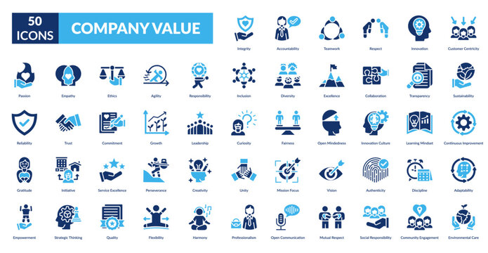 Company Value Fill Icon Set. Integrity, Accountability, Teamwork, Respect, Innovation, Customer Centricity, Sustainability