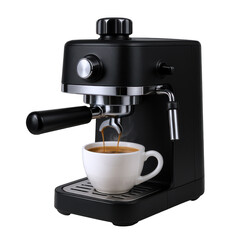 Modern Black Espresso Machine Brewing Fresh Coffee into a White Ceramic Cup, Steam Rising