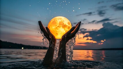 Surreal and Serene Fantasy Artwork Glowing Moon Cupped in Hands Emerging from Water at Twilight