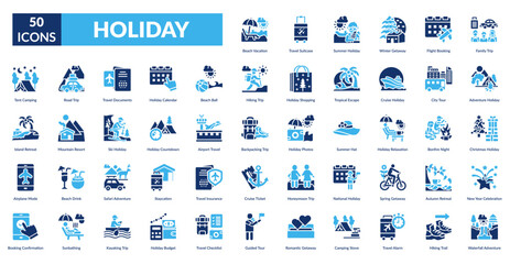 Holiday Fill Icon Set. Beach Vacation, Travel Suitcase, Summer Holiday, Winter Getaway, Flight Booking, Family Trip, Adventure Holiday