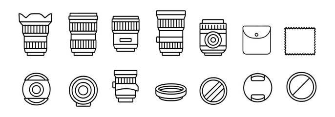 Photography gear line icon set. camera, lens, accessories line art collection