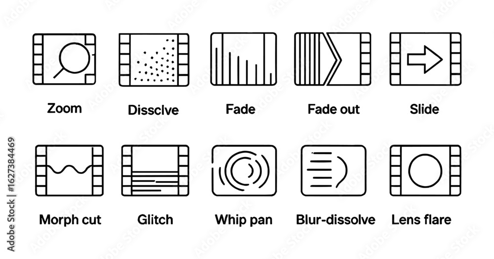 Poster video transition outline icon set: zoom, fade, slide, more in linear style