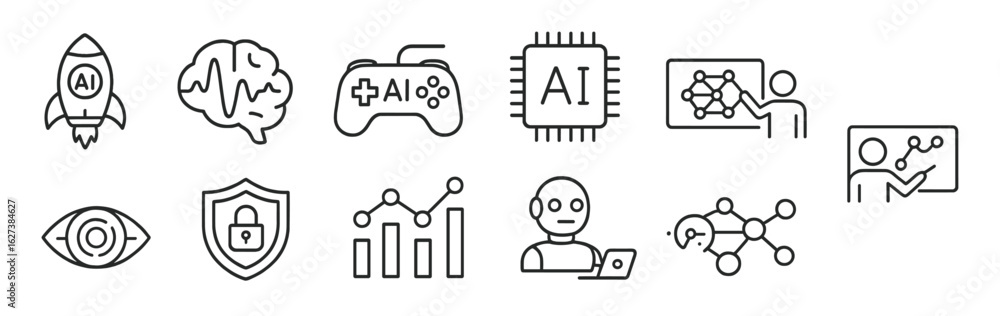 Aufkleber technology and ai development outline icon set. simplified tech symbols collection