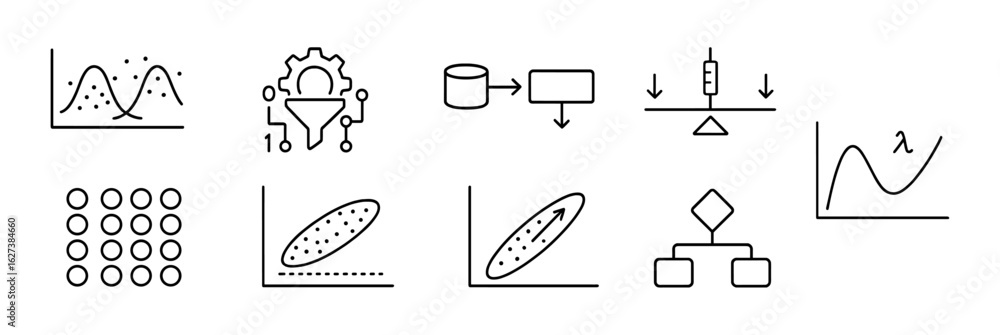 Poster data analysis outline icon set. charts, graphs, data science line art collection