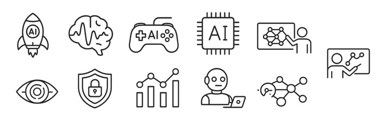 Technology and ai development outline icon set. simplified tech symbols collection