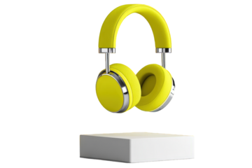 Yellow Headphones Floating Above White Platform - Wireless Music Headset Studio Mockup on Isolated Transparent Background