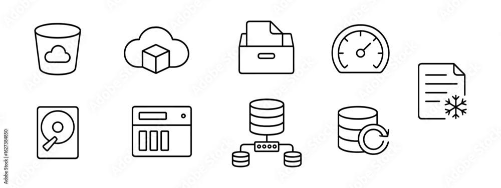 Poster data storage outline icon set. cloud, backup solutions, and server icons collection