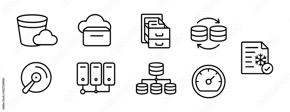 Poster cloud computing line icon set: storage, network, data, backup, server icons in line style