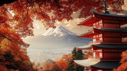 Red Pagoda with Mount Fuji and Autumn Leaves in the Background