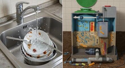 Kitchen Sink with Dirty Dishes and Grease Trap Diagram