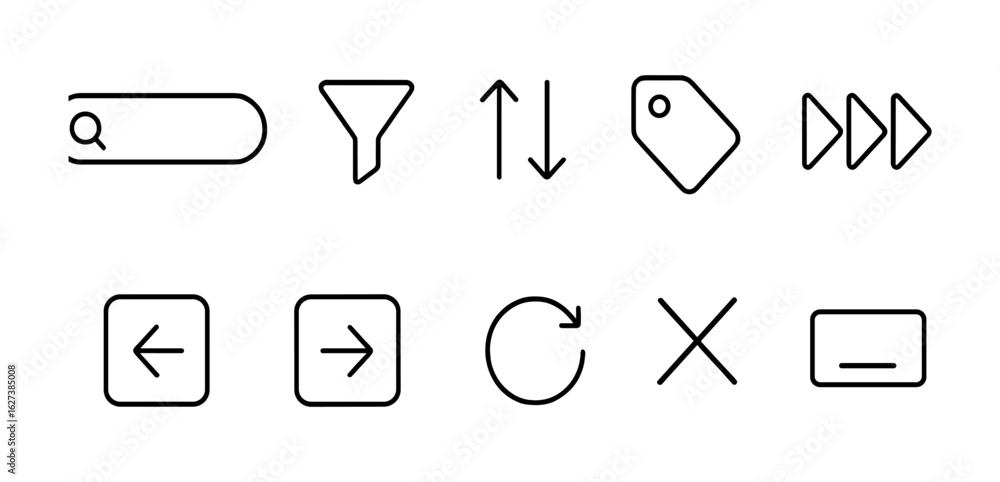 Poster navigation, interface outline icon set. arrows, search, filter symbols for ui design
