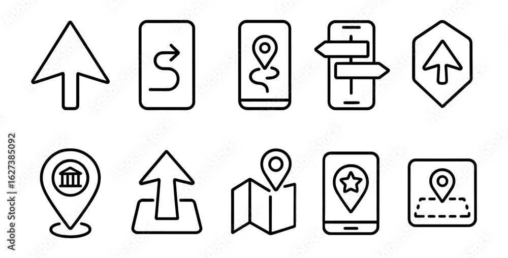 Poster navigation, direction line icon set. map, gps icons linear collection for ui design