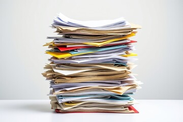 Tall stack of colorful papers and documents piled high on a white surface