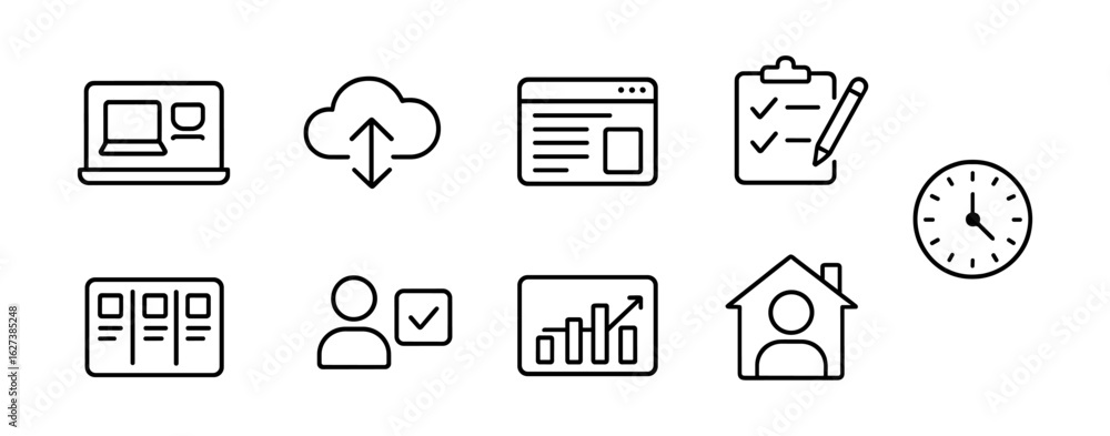 Poster business and productivity line icon set for efficient task management