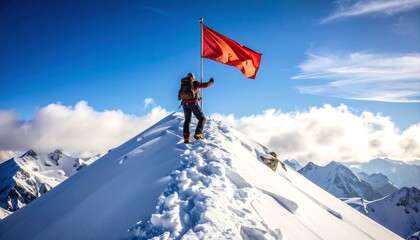 Climber atop snow-capped peak, red flag